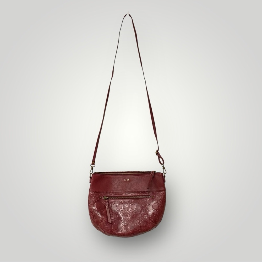 The SAK Oleta LEATHER Crossbody Bag Purse Burgundy Wine Floral Embossed